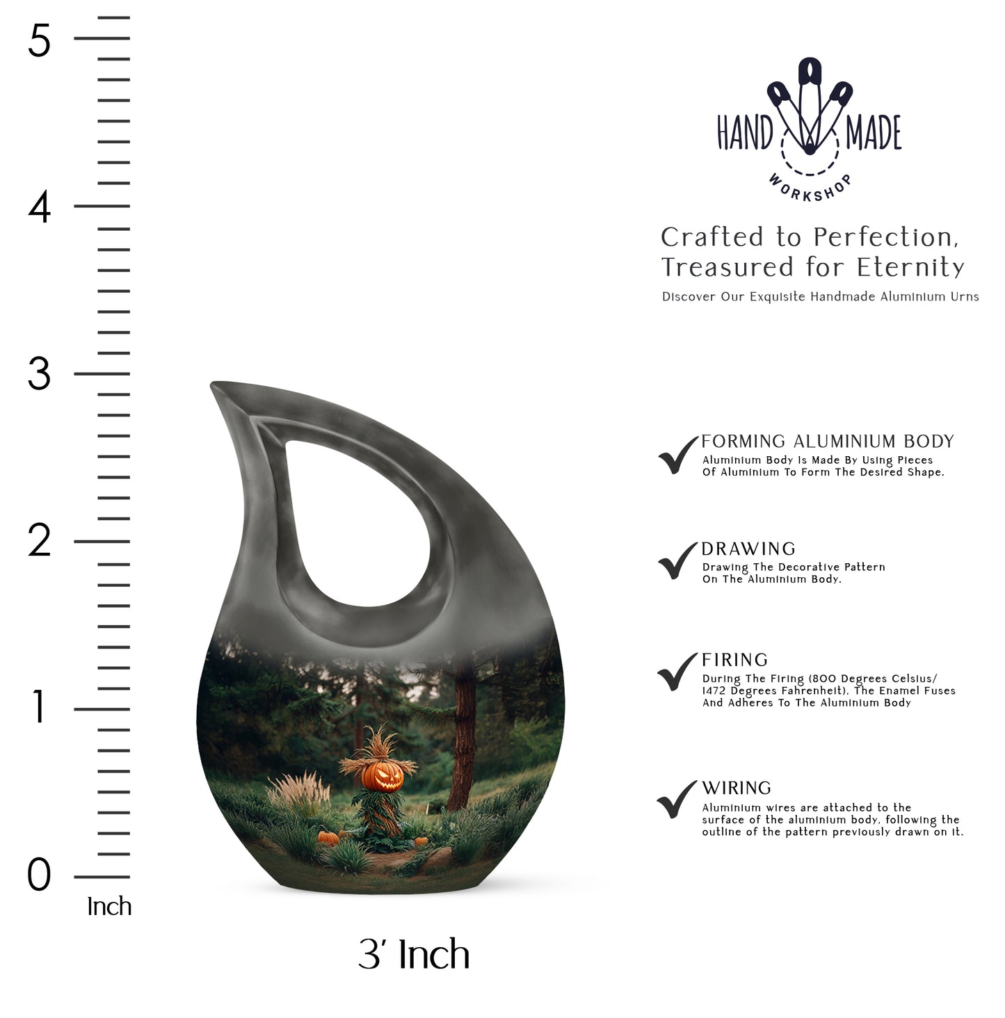 Glossy Black Halloween Cremation Urn back view with polished surface - sacred cross merged with halloween motif on metal - mini keepsake memorial for portion of cremation ashes