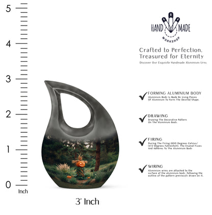 Glossy Black Halloween Cremation Urn back view with polished surface - sacred cross merged with halloween motif on metal - mini keepsake memorial for portion of cremation ashes