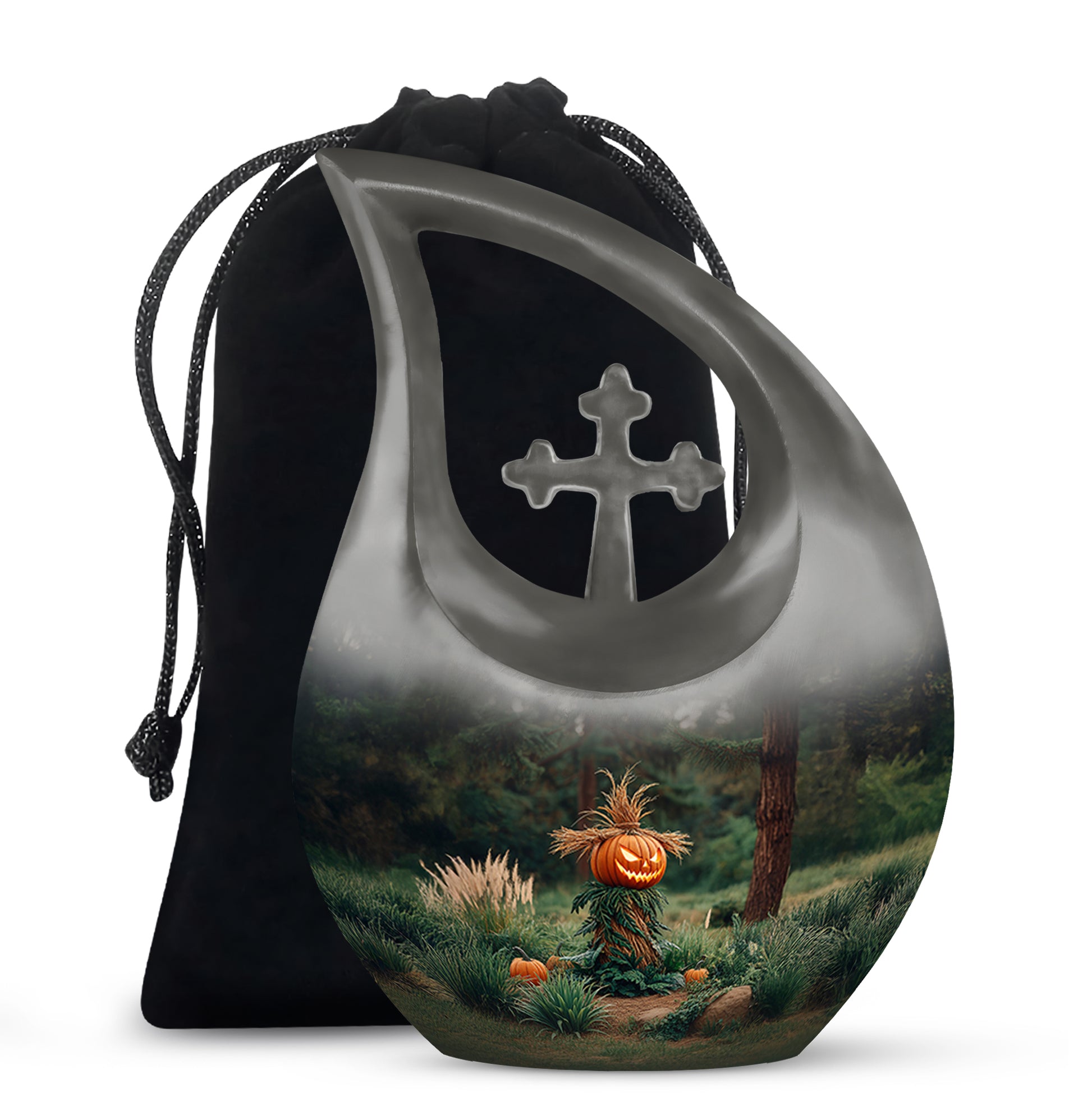 Dark Black Halloween Cremation Urn top-down view of secure threaded lid - faith-inspired cross-drop urn with halloween pattern - full-size 10 inch 200 cubic inch adult cremation urn