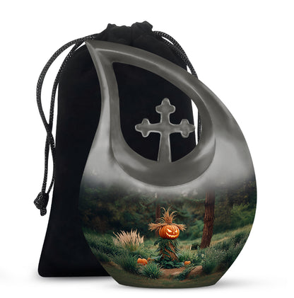 Dark Black Halloween Cremation Urn top-down view of secure threaded lid - faith-inspired cross-drop urn with halloween pattern - full-size 10 inch 200 cubic inch adult cremation urn