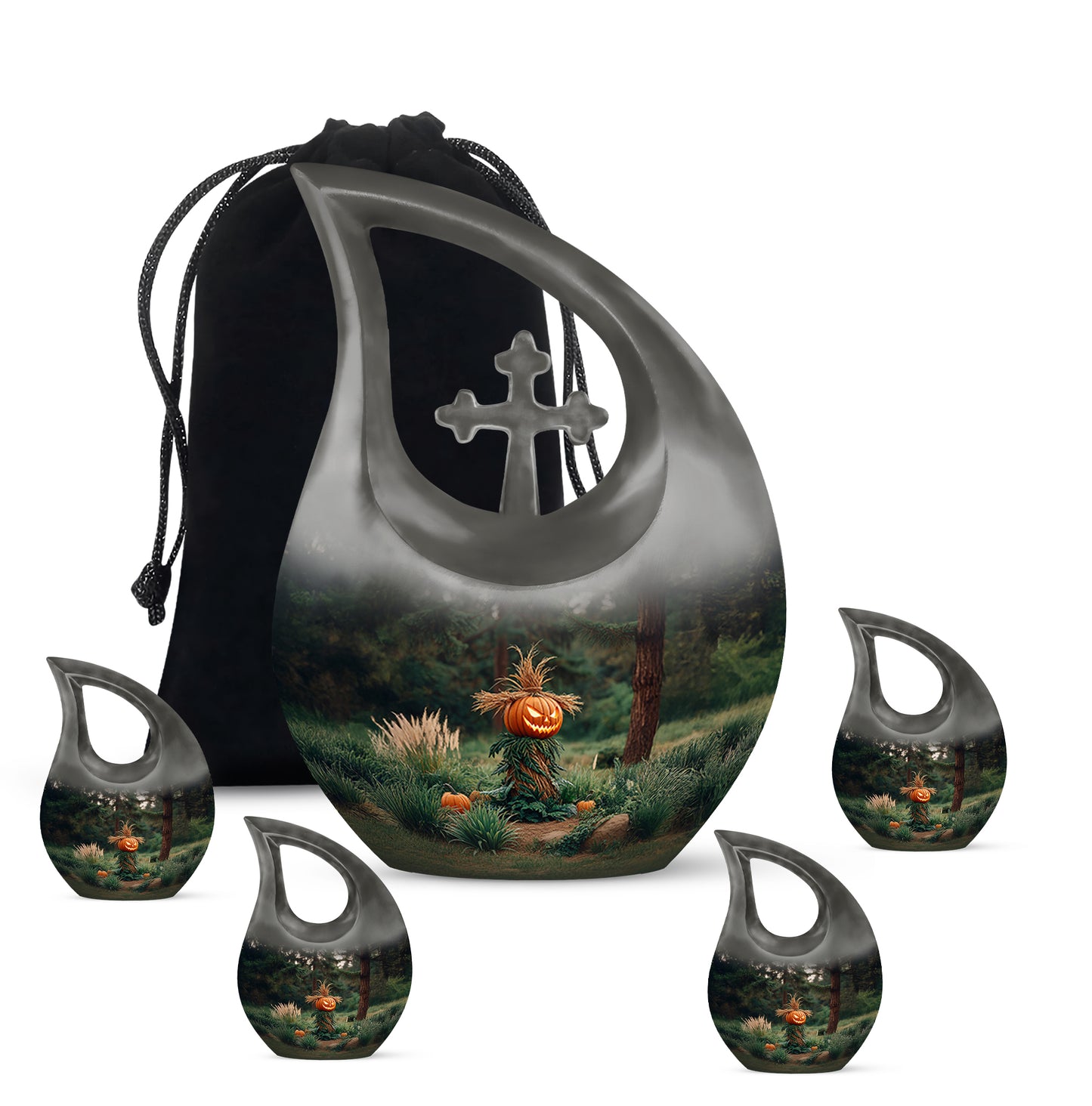 Charcoal Black Halloween Cremation Urn urn with complimentary velvet bag - devotional cross-drop halloween engraving - memorial set with one large and four small urns