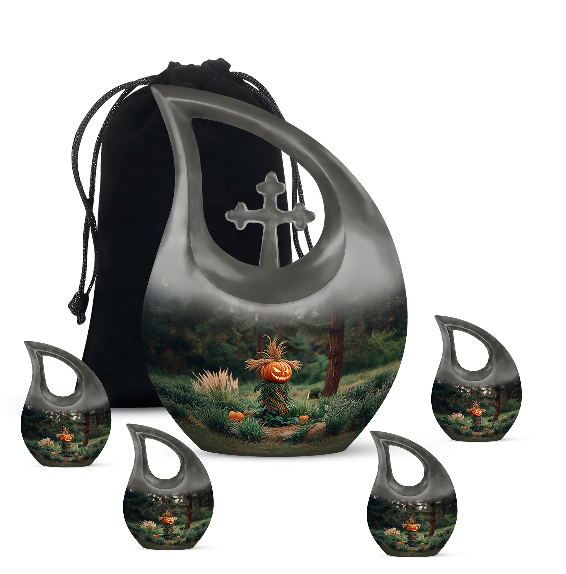 Charcoal Black Halloween Cremation Urn urn with complimentary velvet bag - devotional cross-drop halloween engraving - memorial set with one large and four small urns