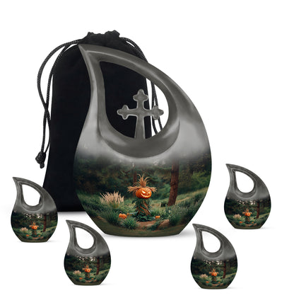 Charcoal Black Halloween Cremation Urn urn with complimentary velvet bag - devotional cross-drop halloween engraving - memorial set with one large and four small urns