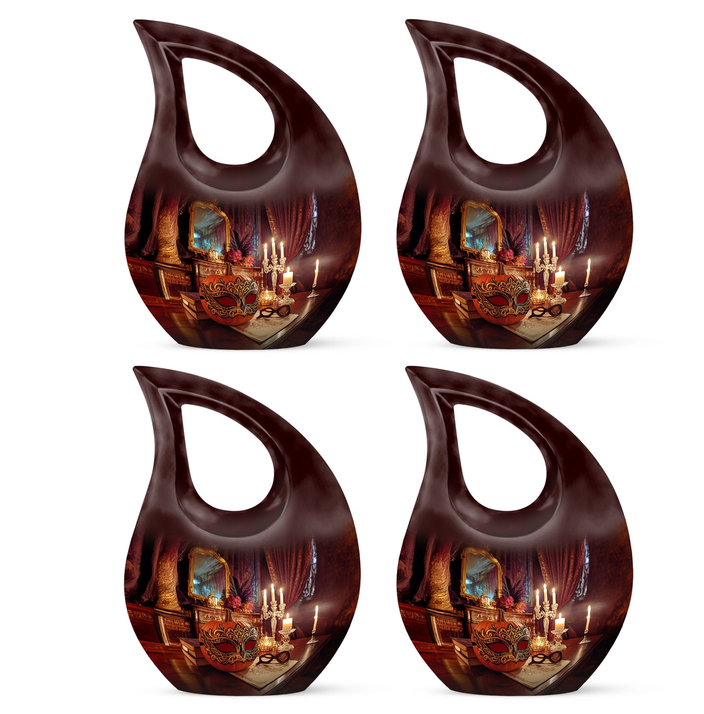 Cherry Red Halloween Cremation Urn lifestyle display on memorial shelf - devotional cross-drop halloween engraving - 10 inch aluminum urn for cremated remains