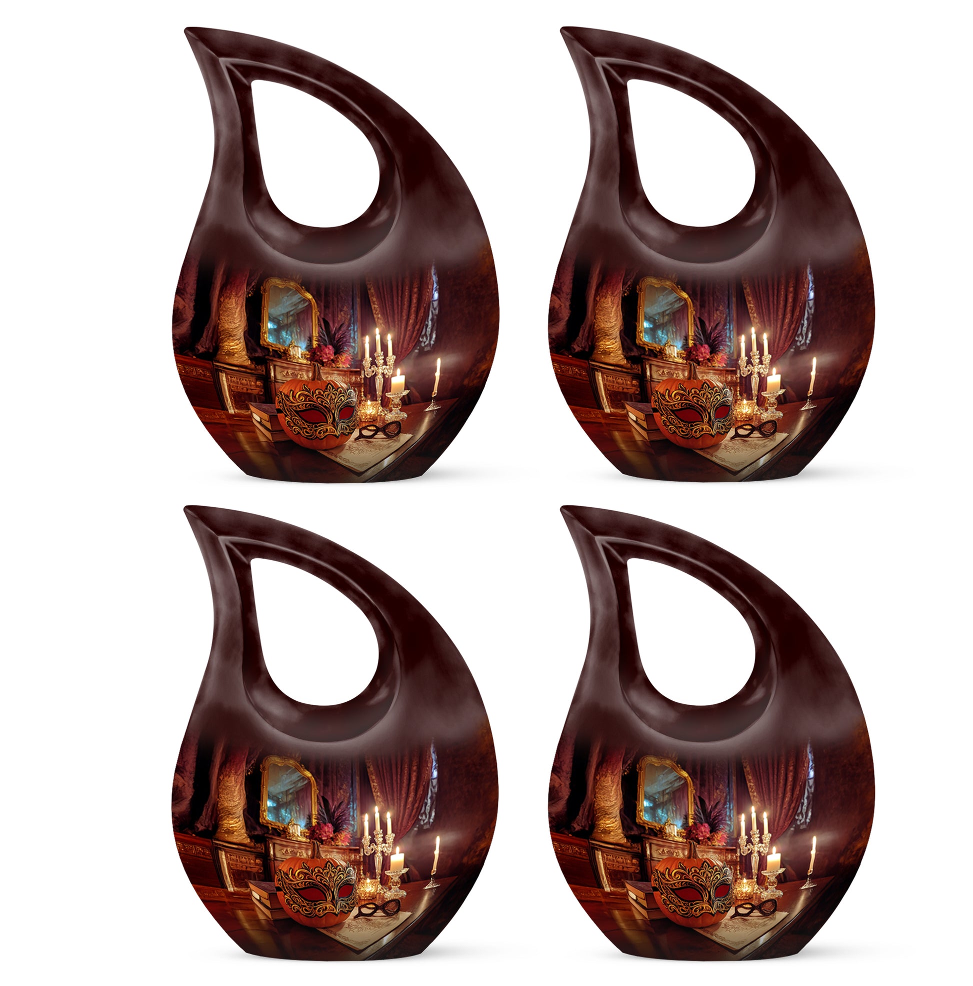 Cherry Red Halloween Cremation Urn lifestyle display on memorial shelf - devotional cross-drop halloween engraving - 10 inch aluminum urn for cremated remains
