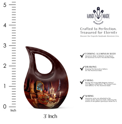 Crimson Red Halloween Cremation Urn back view with polished surface - cross and halloween combined in spiritual memorial design - mini keepsake memorial for portion of cremation ashes