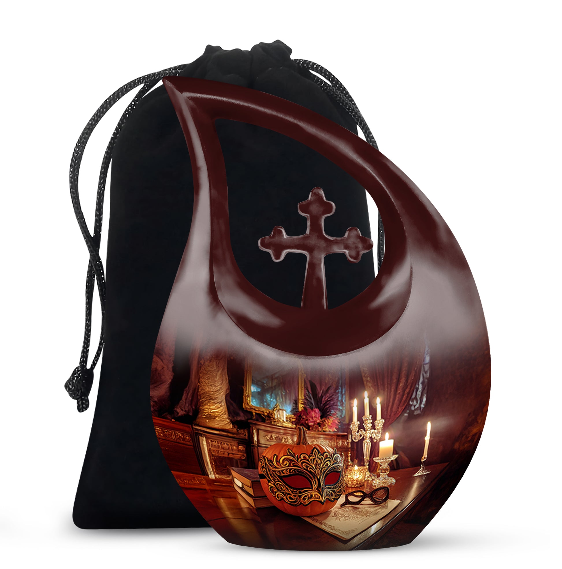 Fiery Red Halloween Cremation Urn top-down view of secure threaded lid - faith-inspired cross-drop urn with halloween pattern - full-size 10 inch 200 cubic inch adult cremation urn