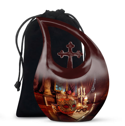 Fiery Red Halloween Cremation Urn top-down view of secure threaded lid - faith-inspired cross-drop urn with halloween pattern - full-size 10 inch 200 cubic inch adult cremation urn