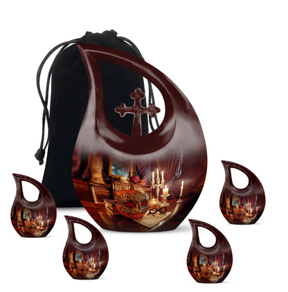 Scarlet Red Halloween Cremation Urn urn with complimentary velvet bag - devotional cross-drop halloween engraving - memorial set with one large and four small urns