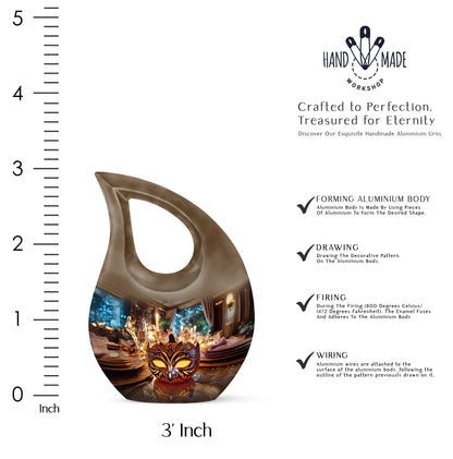 Antique Gold Halloween Cremation Urn back view with polished surface - cross and halloween combined in spiritual memorial design - mini keepsake memorial for portion of cremation ashes