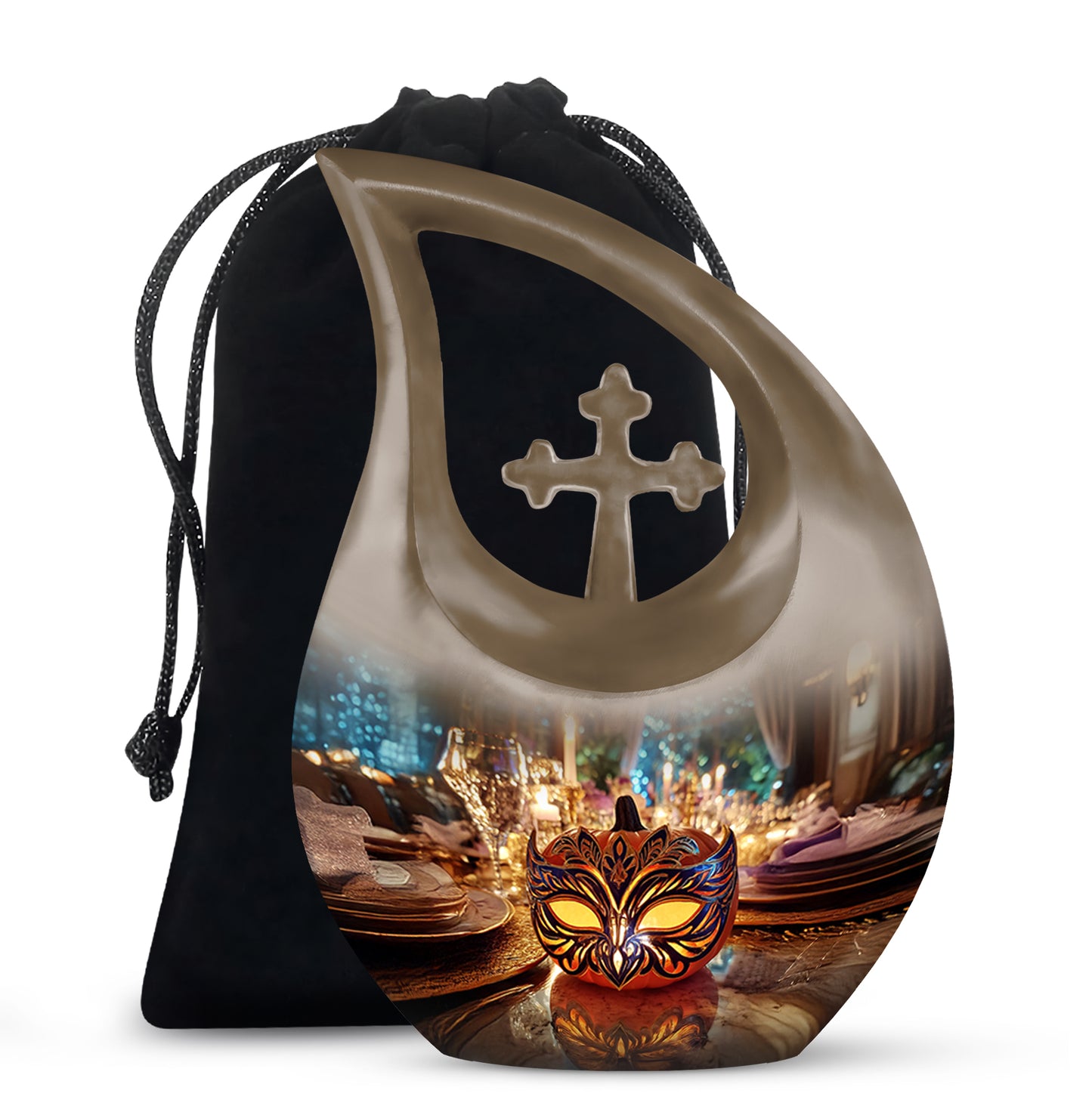 Royal Gold Halloween Cremation Urn top-down view of secure threaded lid - faith-inspired cross-drop urn with halloween pattern - full-size 10 inch 200 cubic inch adult cremation urn