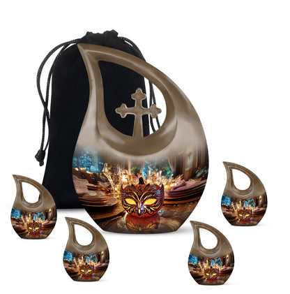 Burnished Gold Halloween Cremation Urn urn with complimentary velvet bag - devotional cross-drop halloween engraving - memorial set with one large and four small urns
