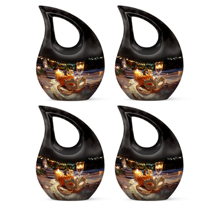 Rich Black Halloween Cremation Urn lifestyle display on memorial shelf - sacred cross merged with halloween motif on metal - 10 inch aluminum urn for cremated remains