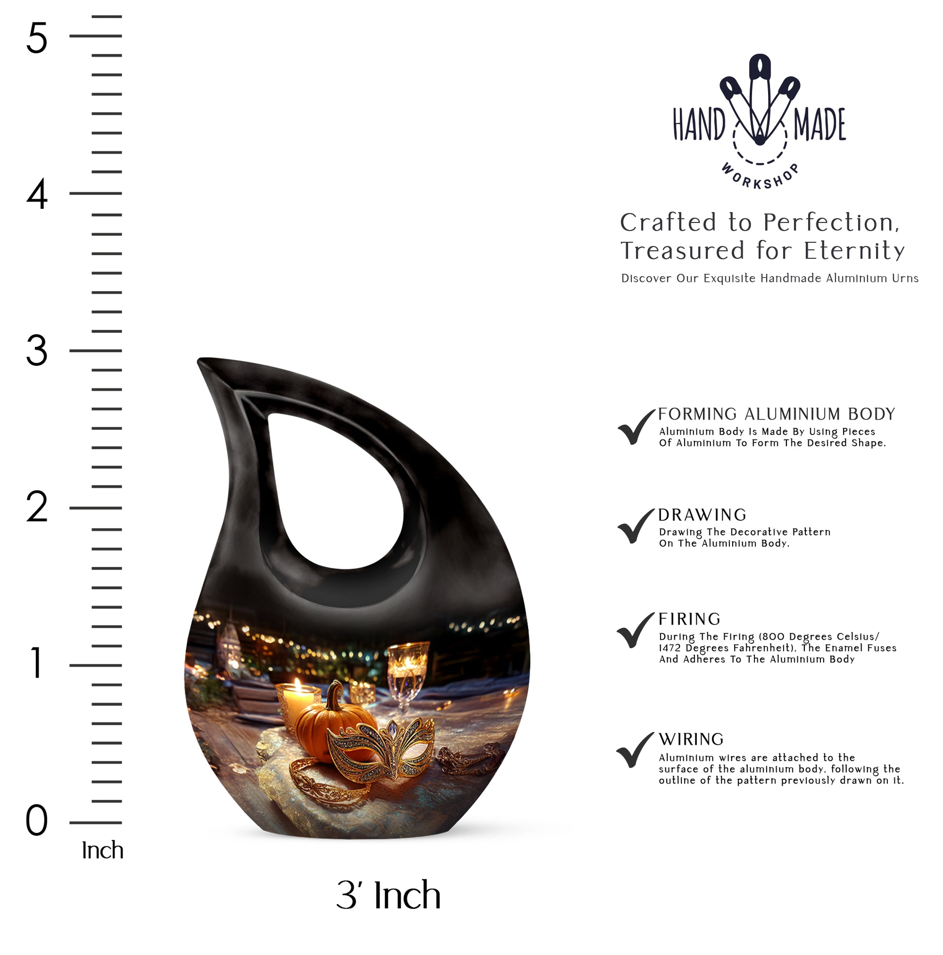 Onyx Black Halloween Cremation Urn back view with polished surface - faith-inspired cross-drop urn with halloween pattern - mini keepsake memorial for portion of cremation ashes