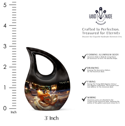 Onyx Black Halloween Cremation Urn back view with polished surface - faith-inspired cross-drop urn with halloween pattern - mini keepsake memorial for portion of cremation ashes