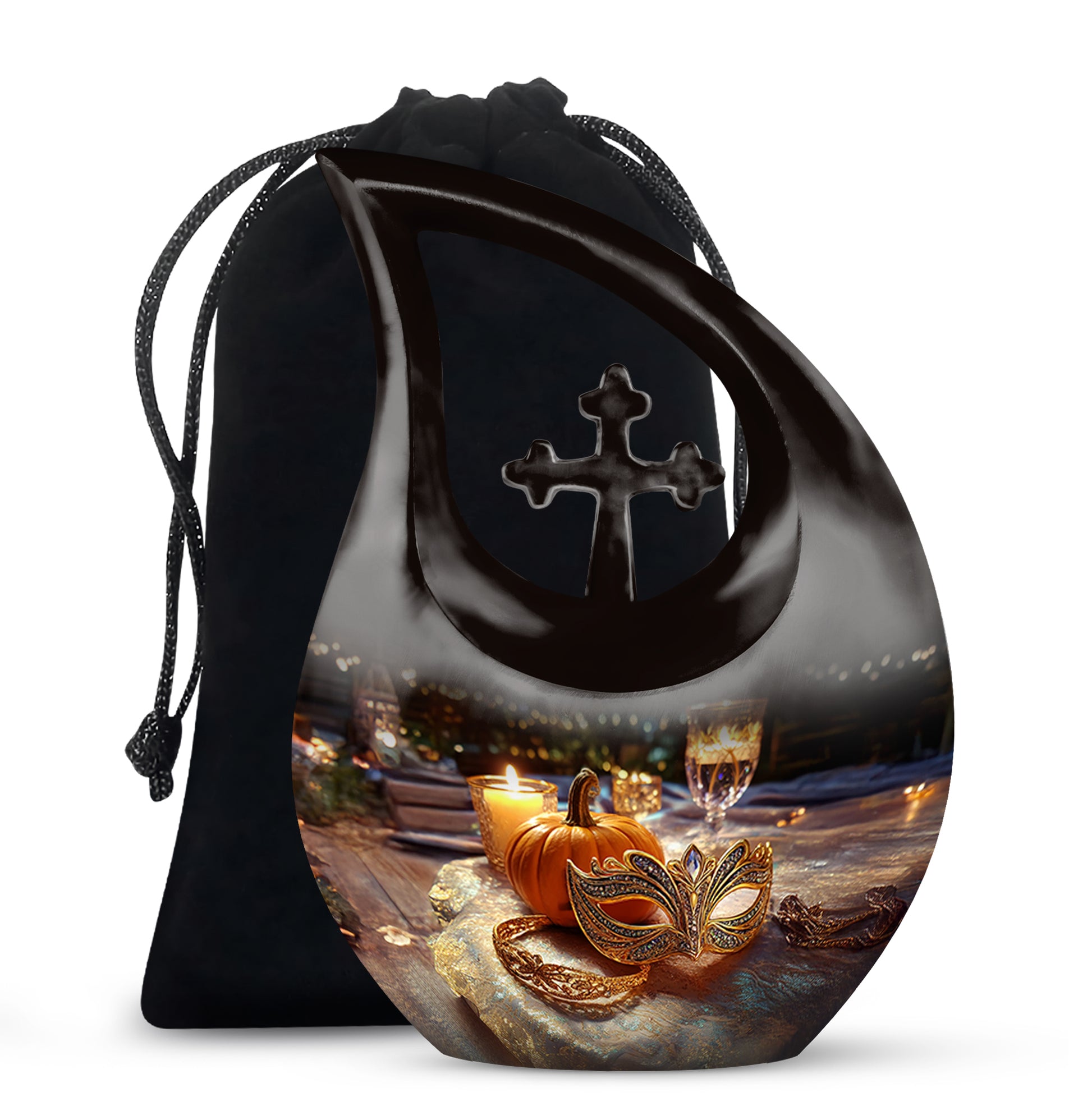 Onyx Black Halloween Cremation Urn top-down view of secure threaded lid - devotional cross-drop halloween engraving - full-size 10 inch 200 cubic inch adult cremation urn