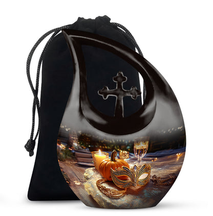 Onyx Black Halloween Cremation Urn top-down view of secure threaded lid - devotional cross-drop halloween engraving - full-size 10 inch 200 cubic inch adult cremation urn