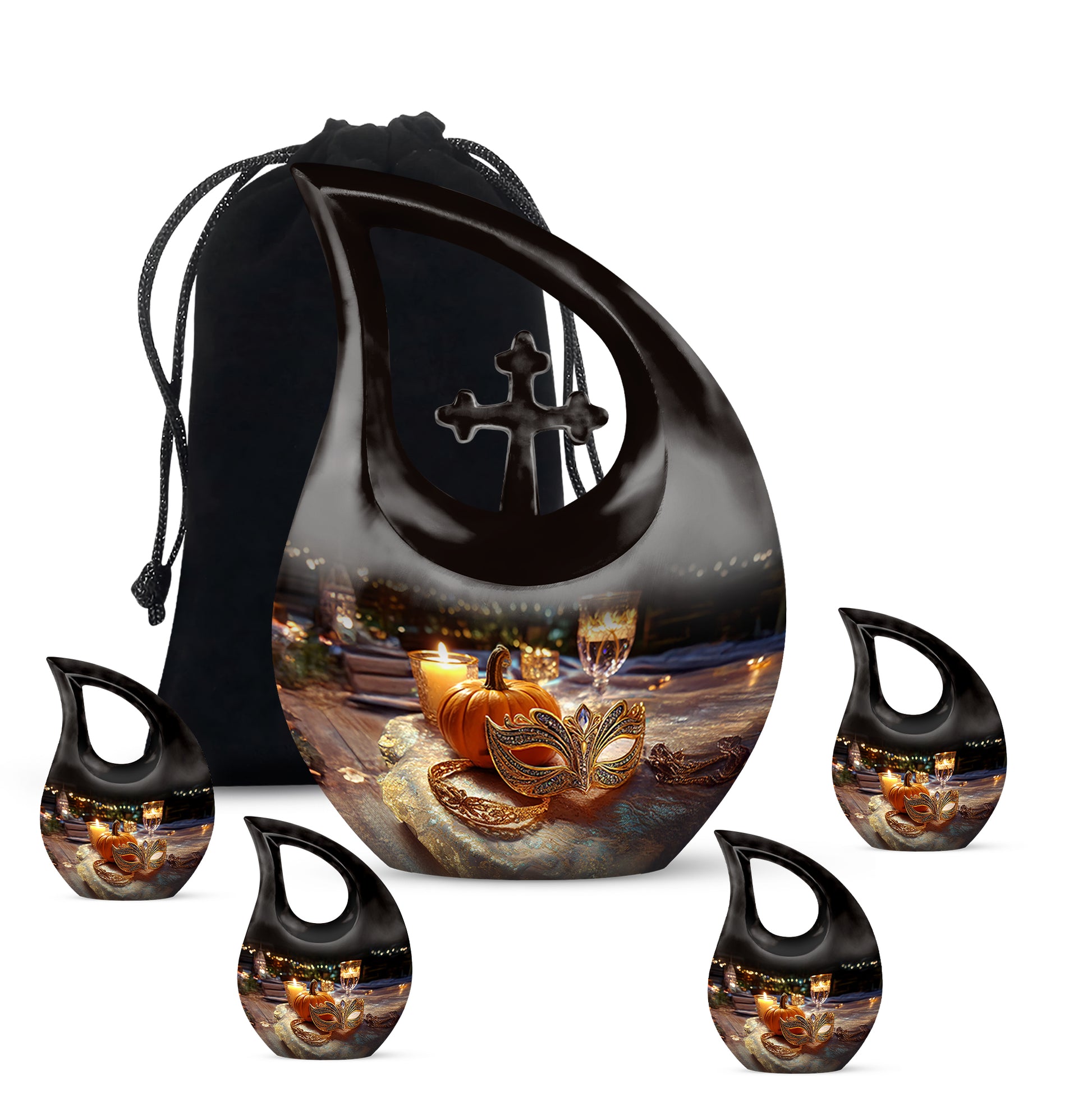 Glossy Black Halloween Cremation Urn urn with complimentary velvet bag - sacred cross merged with halloween motif on metal - memorial set with one large and four small urns