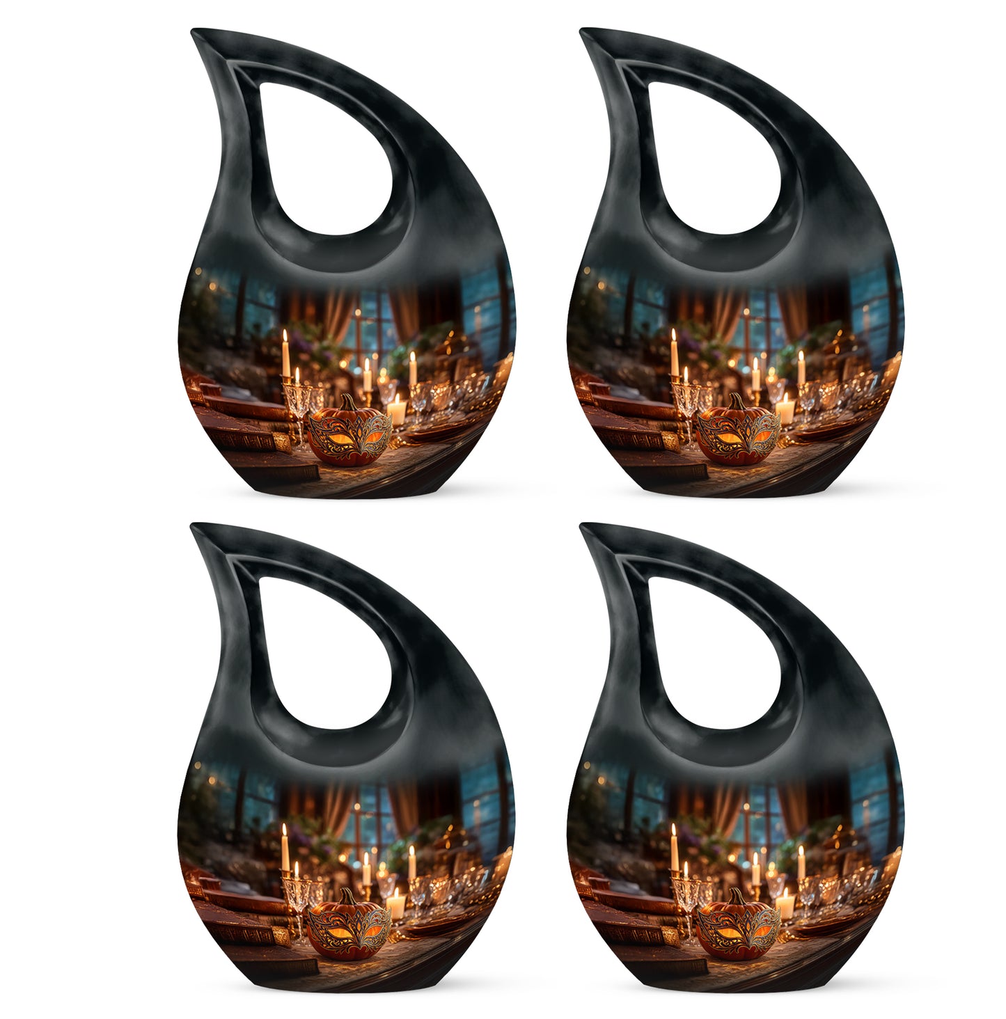 Matte Gold Halloween Cremation Urn lifestyle display on memorial shelf - faith-inspired cross-drop urn with halloween pattern - 10 inch aluminum urn for cremated remains