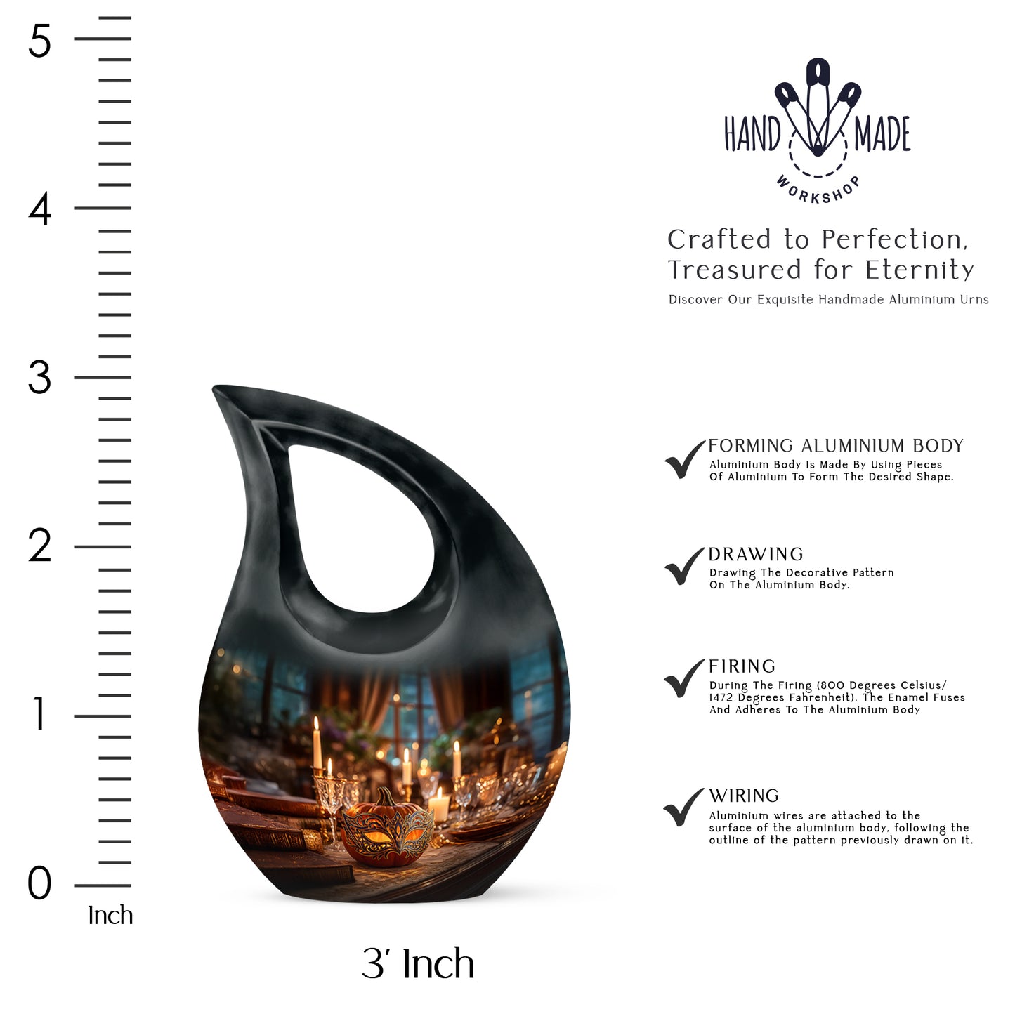 Royal Gold Halloween Cremation Urn back view with polished surface - faith-inspired cross-drop urn with halloween pattern - mini keepsake memorial for portion of cremation ashes