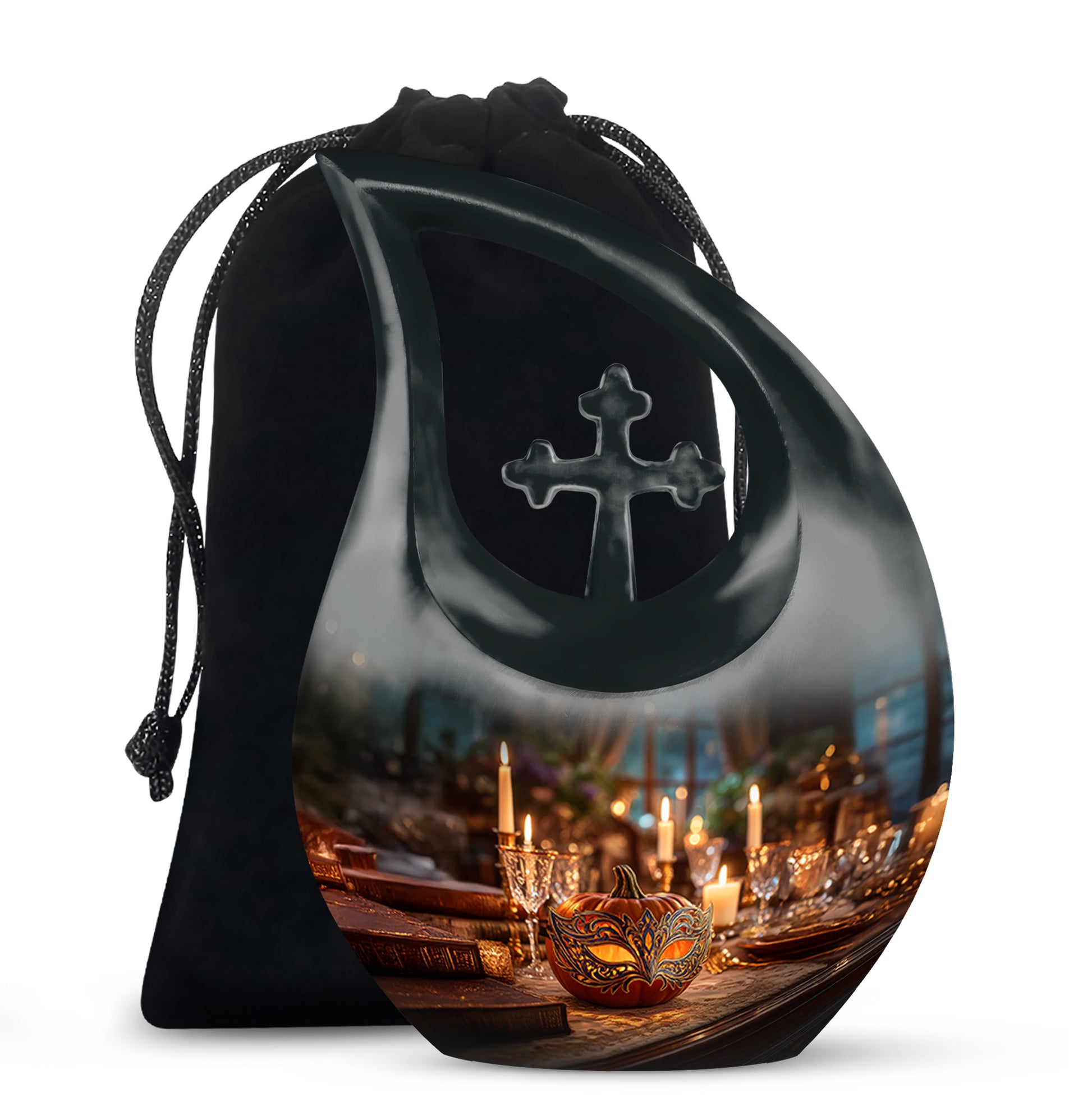 Sunrise Gold Halloween Cremation Urn top-down view of secure threaded lid - cross and halloween combined in spiritual memorial design - full-size 10 inch 200 cubic inch adult cremation urn