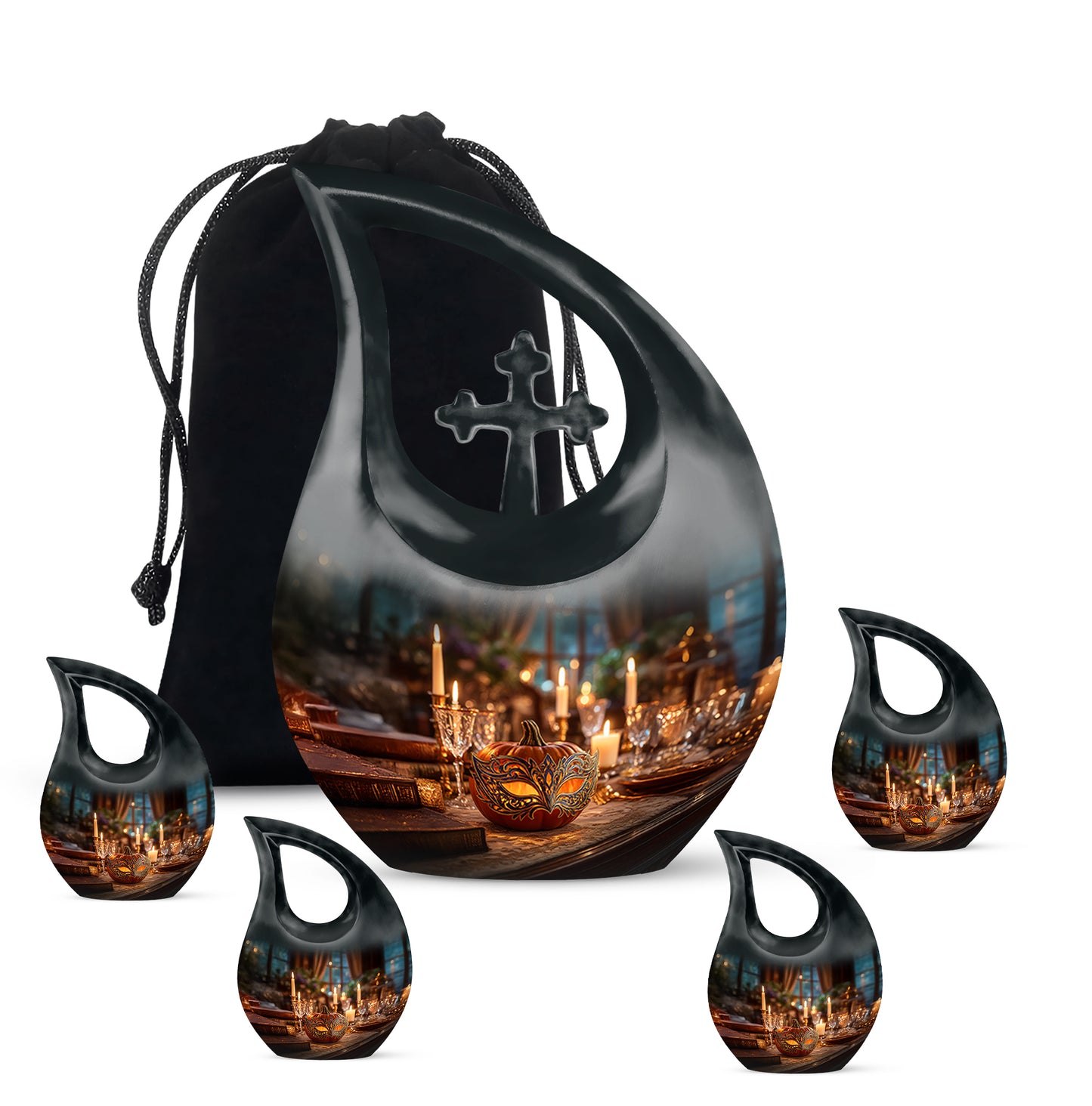 Sunrise Gold Halloween Cremation Urn urn with complimentary velvet bag - sacred cross merged with halloween motif on metal - memorial set with one large and four small urns