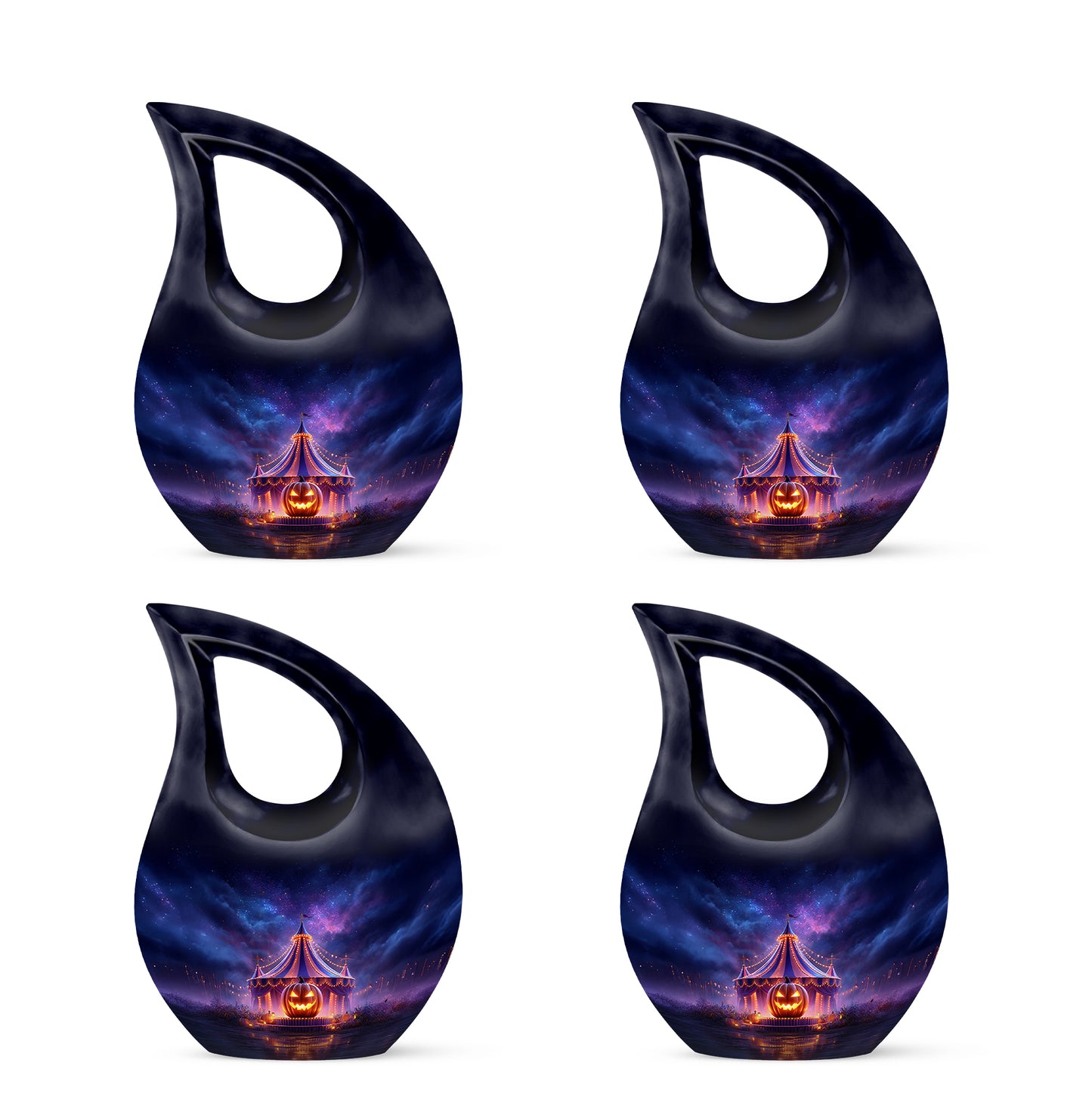 Bright Blue Halloween Cremation Urn lifestyle display on memorial shelf - faith-inspired cross-drop urn with halloween pattern - 10 inch aluminum urn for cremated remains