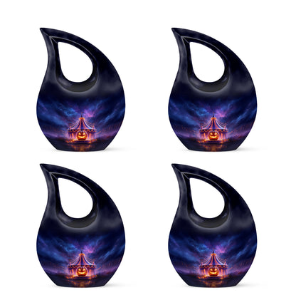 Bright Blue Halloween Cremation Urn lifestyle display on memorial shelf - faith-inspired cross-drop urn with halloween pattern - 10 inch aluminum urn for cremated remains