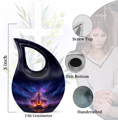 Powder Blue Halloween Cremation Urn back view with polished surface - cross and halloween combined in spiritual memorial design - mini keepsake memorial for portion of cremation ashes
