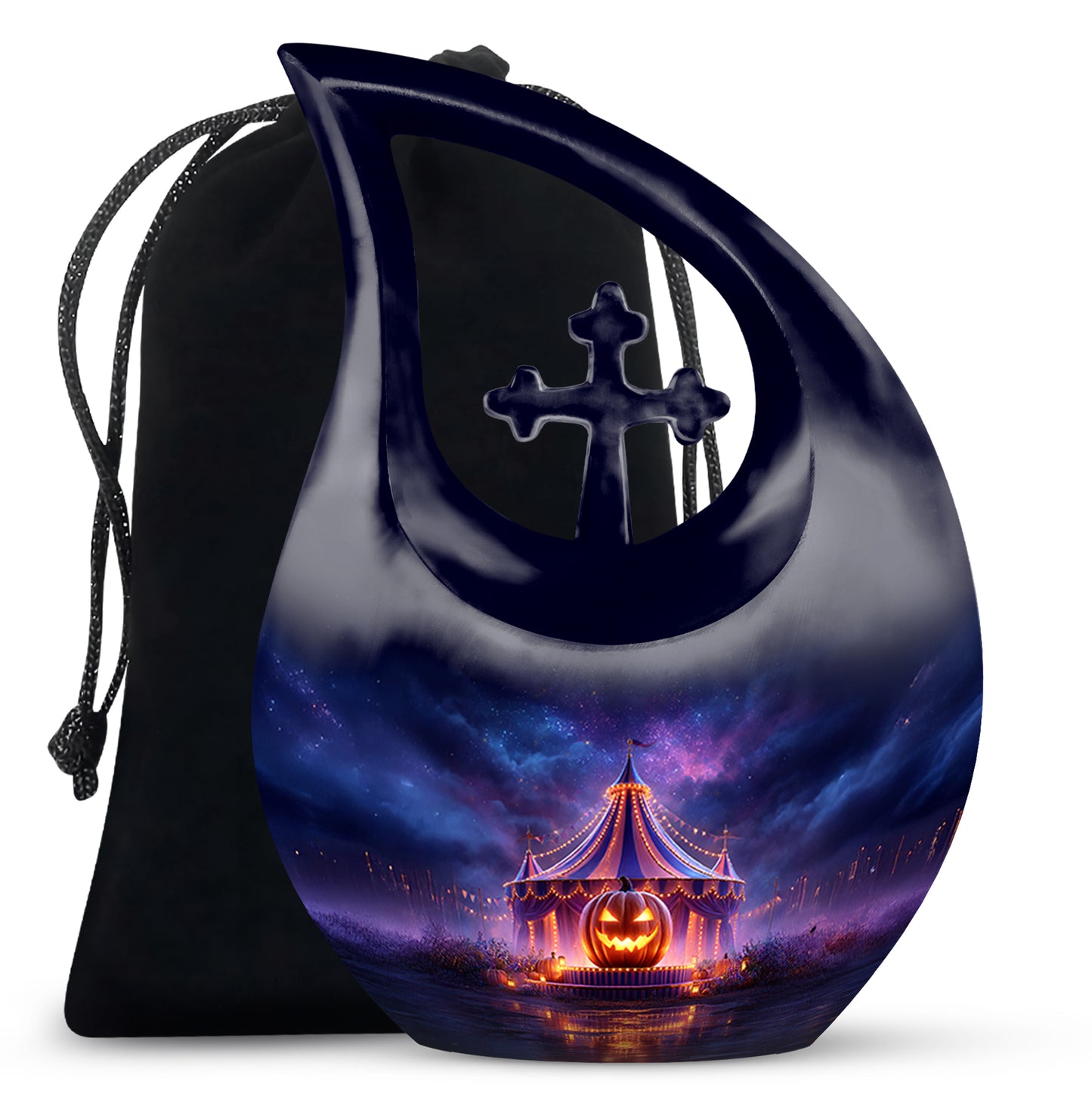 Soft Blue Halloween Cremation Urn top-down view of secure threaded lid - devotional cross-drop halloween engraving - full-size 10 inch 200 cubic inch adult cremation urn