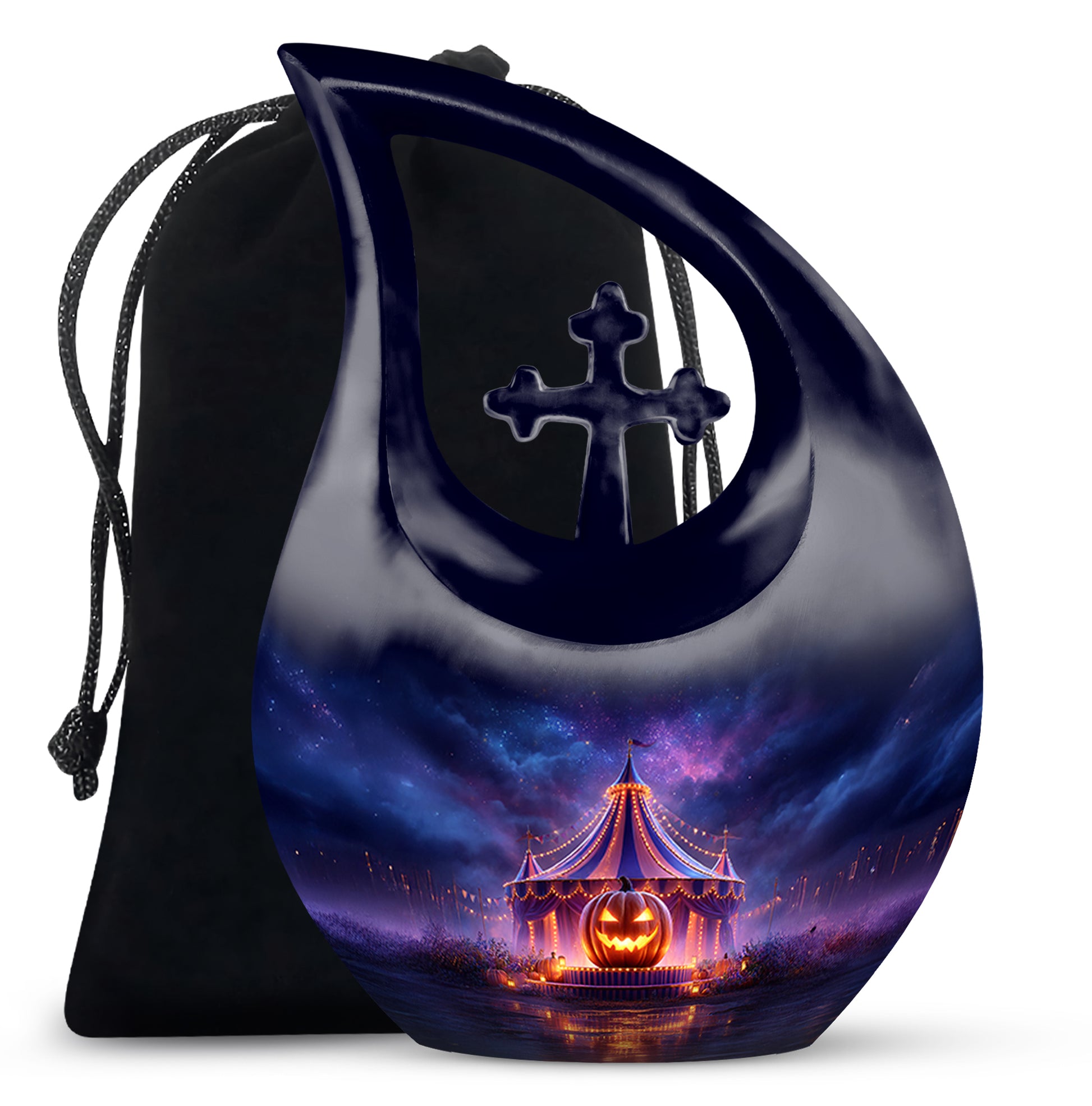 Soft Blue Halloween Cremation Urn top-down view of secure threaded lid - devotional cross-drop halloween engraving - full-size 10 inch 200 cubic inch adult cremation urn