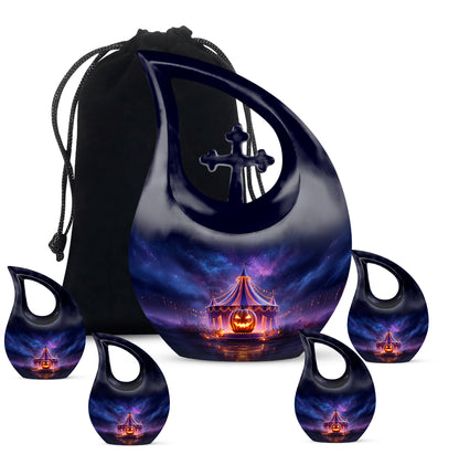 Misty Blue Halloween Cremation Urn urn with complimentary velvet bag - cross and halloween combined in spiritual memorial design - memorial set with one large and four small urns