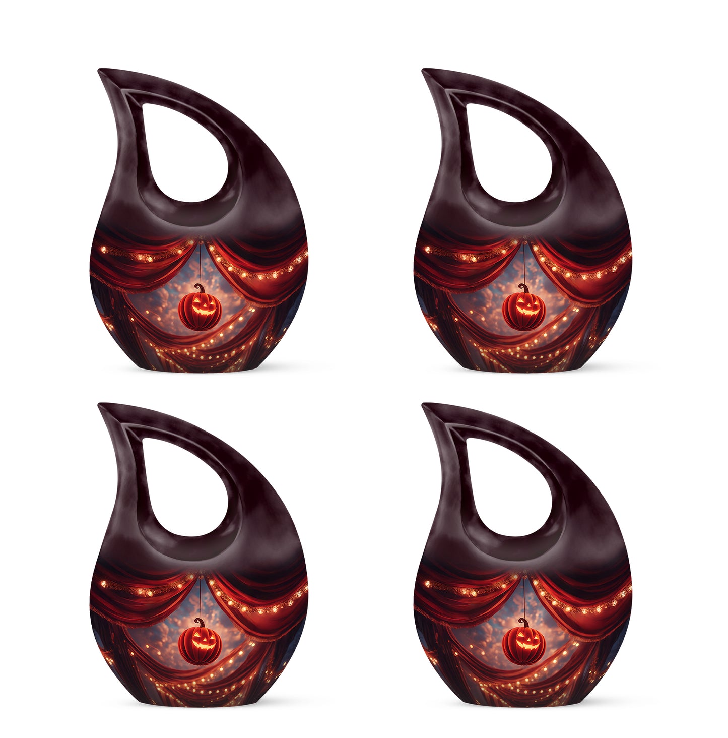 Deep Red Halloween Cremation Urn lifestyle display on memorial shelf - sacred cross merged with halloween motif on metal - 10 inch aluminum urn for cremated remains