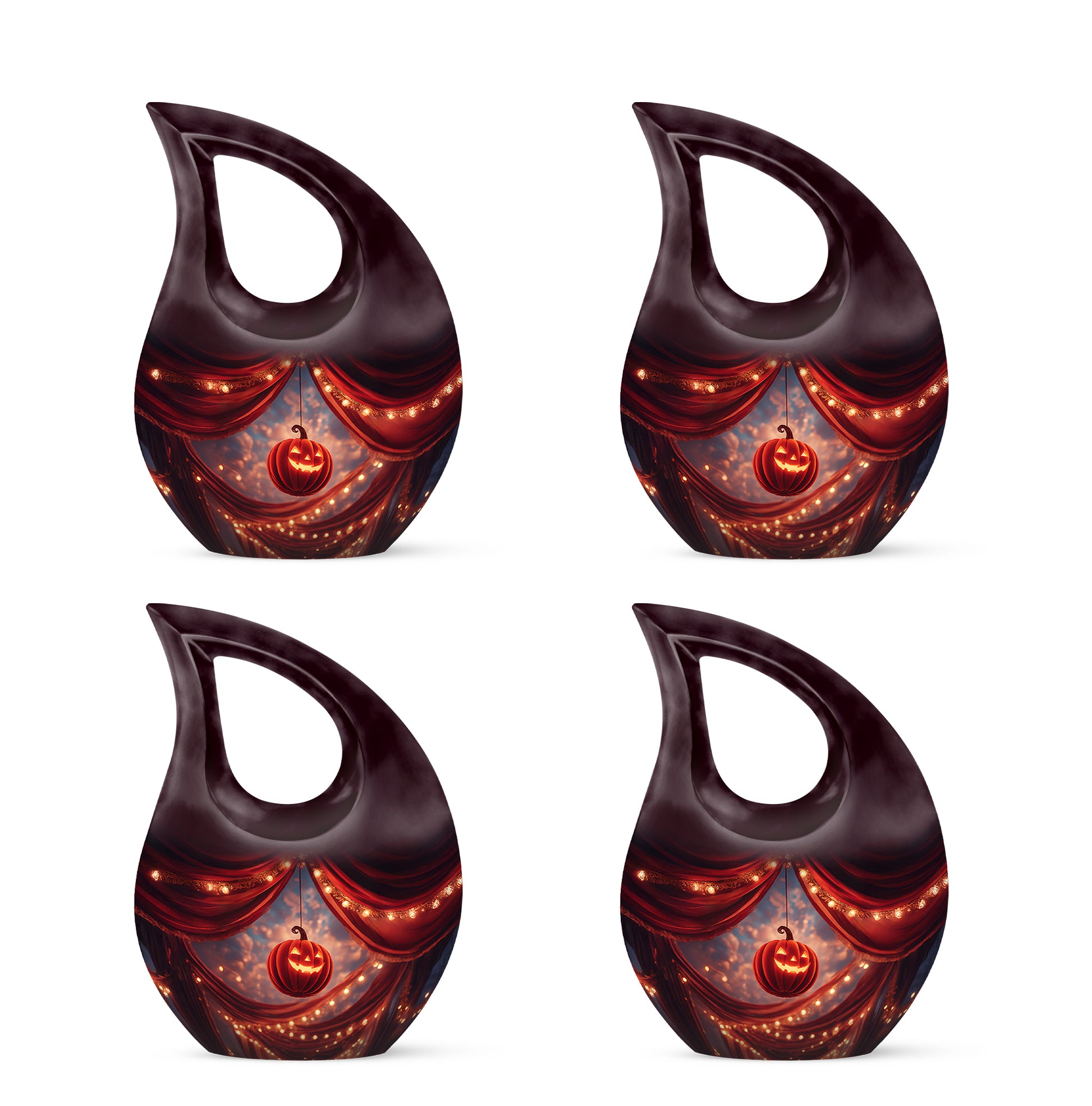 Deep Red Halloween Cremation Urn lifestyle display on memorial shelf - sacred cross merged with halloween motif on metal - 10 inch aluminum urn for cremated remains