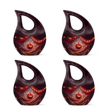 Deep Red Halloween Cremation Urn lifestyle display on memorial shelf - sacred cross merged with halloween motif on metal - 10 inch aluminum urn for cremated remains