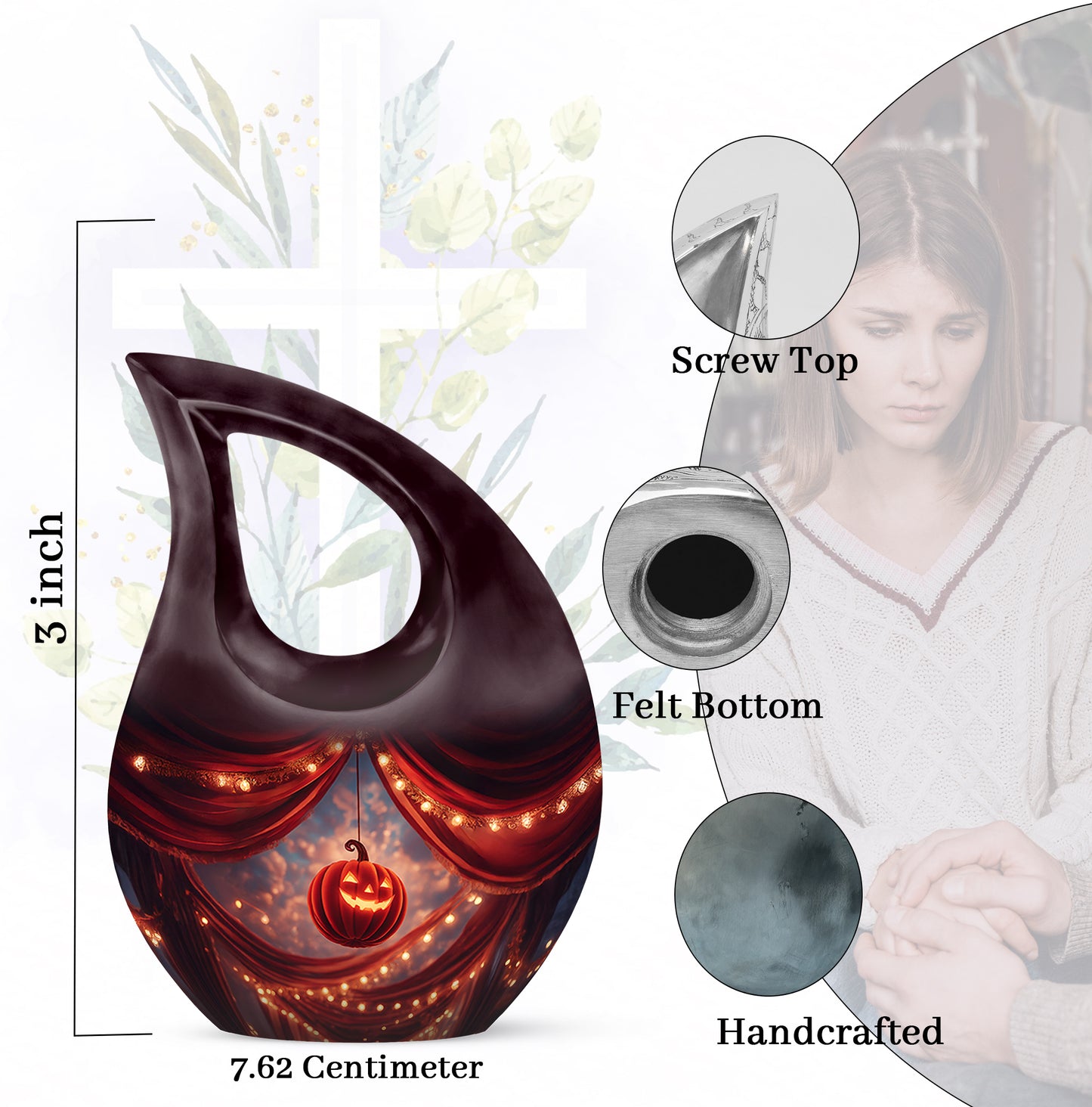 Cherry Red Halloween Cremation Urn back view with polished surface - devotional cross-drop halloween engraving - mini keepsake memorial for portion of cremation ashes