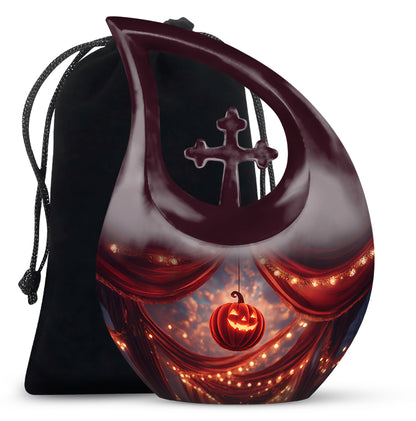 Rich Red Halloween Cremation Urn top-down view of secure threaded lid - faith-inspired cross-drop urn with halloween pattern - full-size 10 inch 200 cubic inch adult cremation urn