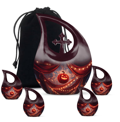 Scarlet Red Halloween Cremation Urn urn with complimentary velvet bag - faith-inspired cross-drop urn with halloween pattern - memorial set with one large and four small urns