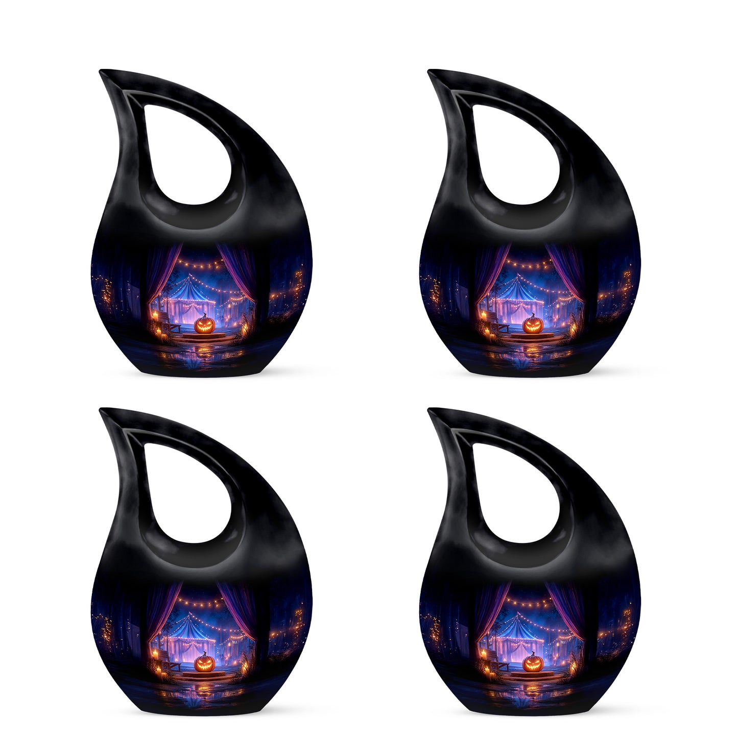 Dark Black Halloween Cremation Urn lifestyle display on memorial shelf - faith-inspired cross-drop urn with halloween pattern - 10 inch aluminum urn for cremated remains