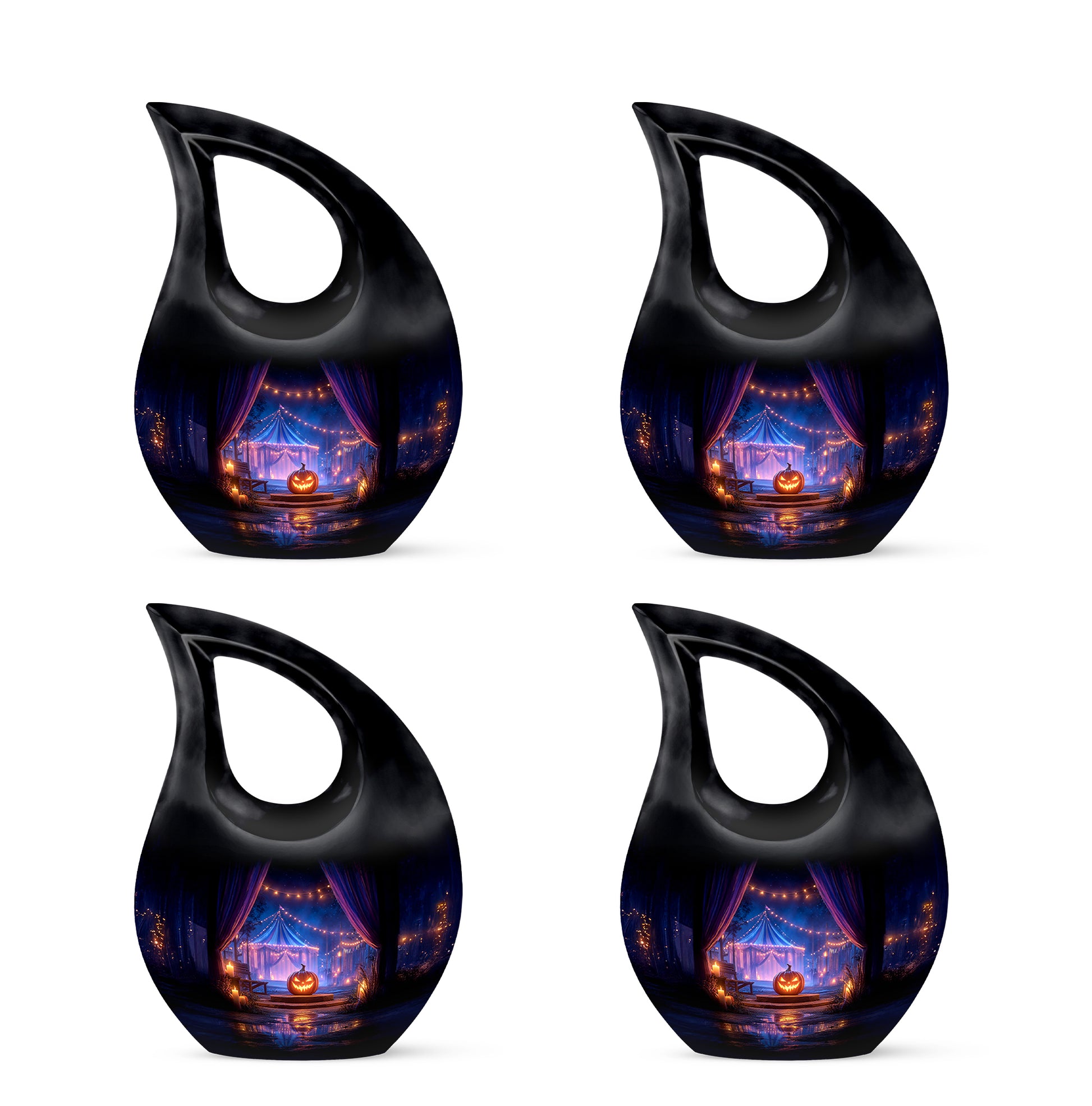 Dark Black Halloween Cremation Urn lifestyle display on memorial shelf - faith-inspired cross-drop urn with halloween pattern - 10 inch aluminum urn for cremated remains