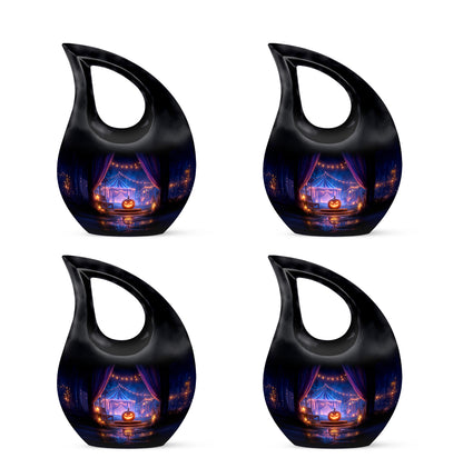 Dark Black Halloween Cremation Urn lifestyle display on memorial shelf - faith-inspired cross-drop urn with halloween pattern - 10 inch aluminum urn for cremated remains
