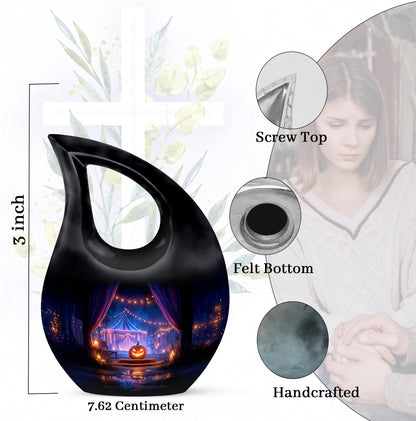 Dark Black Halloween Cremation Urn back view with polished surface - devotional cross-drop halloween engraving - mini keepsake memorial for portion of cremation ashes