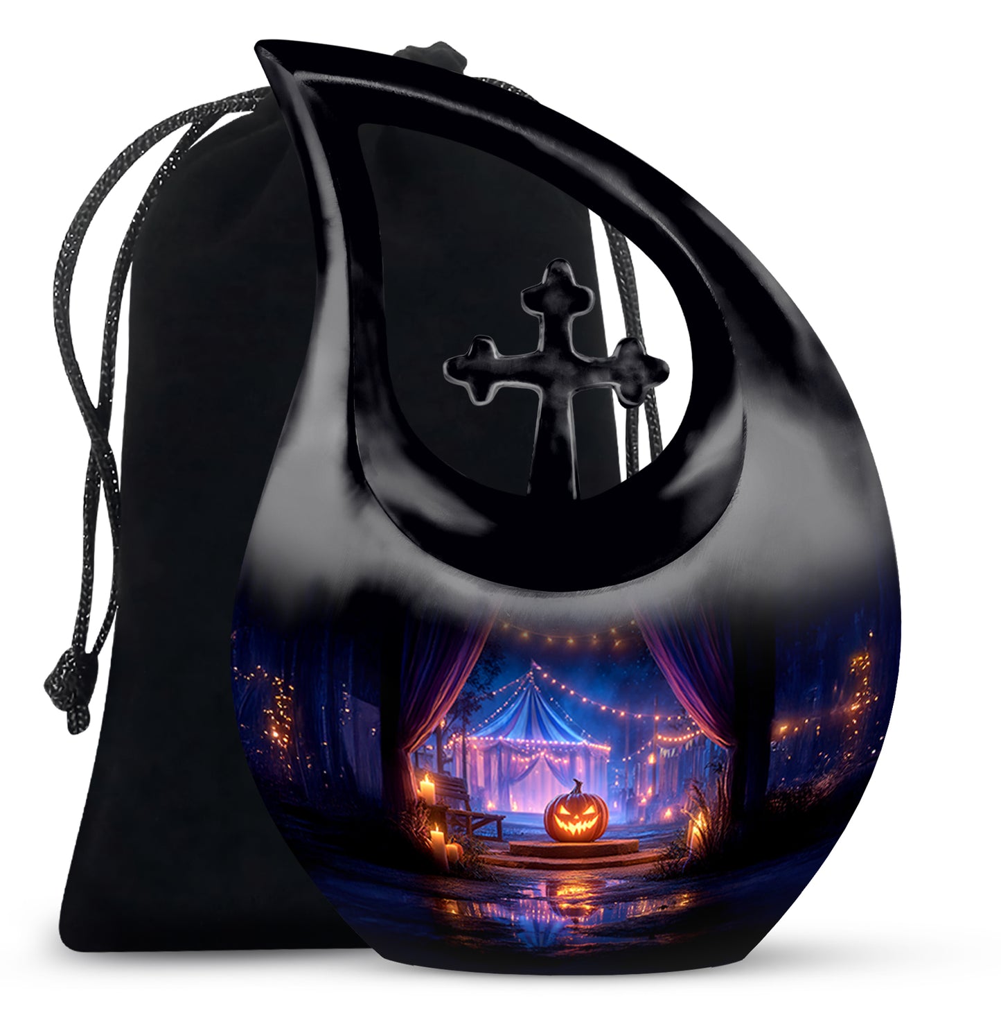 Onyx Black Halloween Cremation Urn top-down view of secure threaded lid - faith-inspired cross-drop urn with halloween pattern - full-size 10 inch 200 cubic inch adult cremation urn