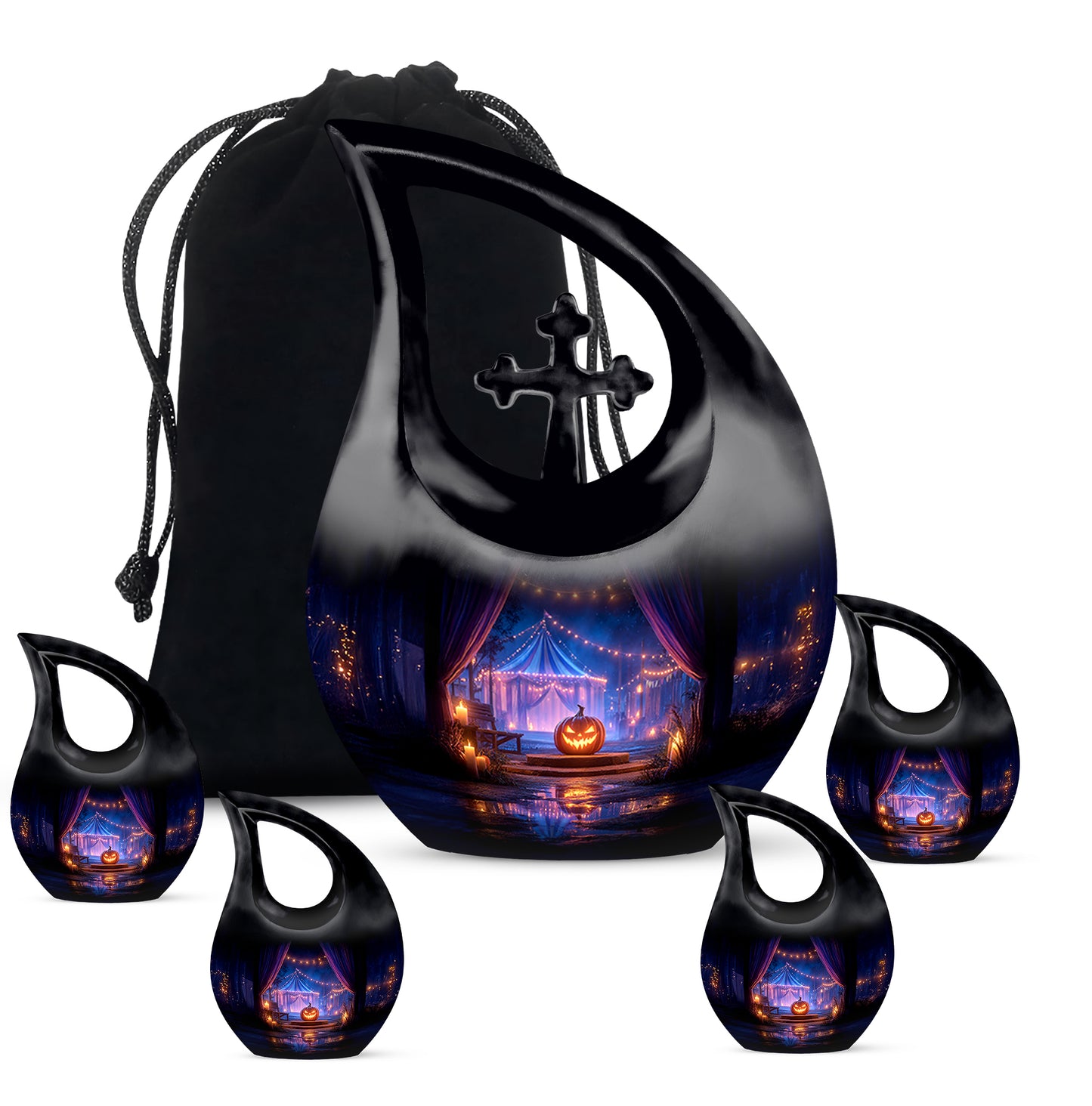 Ebony Halloween Cremation Urn urn with complimentary velvet bag - sacred cross merged with halloween motif on metal - memorial set with one large and four small urns