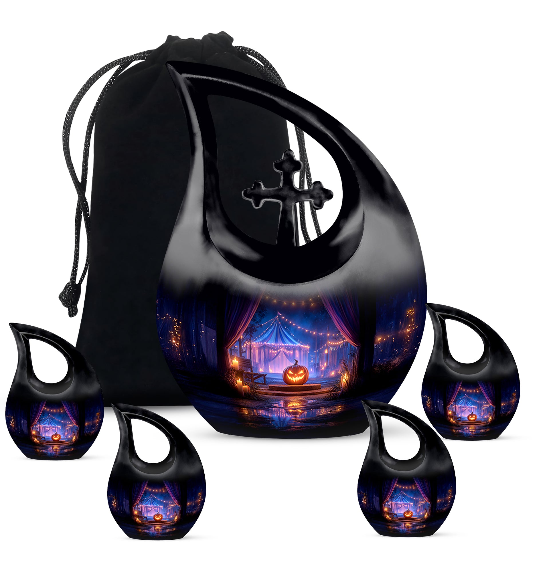 Ebony Halloween Cremation Urn urn with complimentary velvet bag - sacred cross merged with halloween motif on metal - memorial set with one large and four small urns