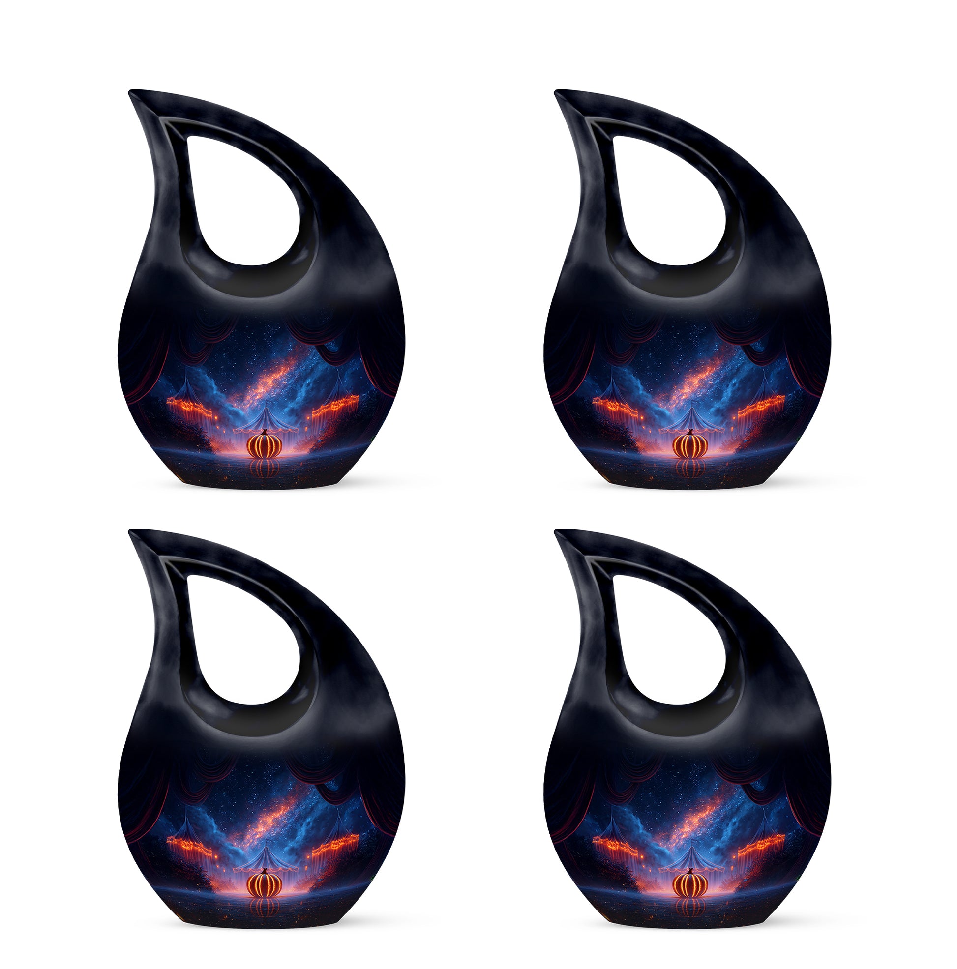 Dusty Blue Halloween Cremation Urn lifestyle display on memorial shelf - sacred cross merged with halloween motif on metal - 10 inch aluminum urn for cremated remains