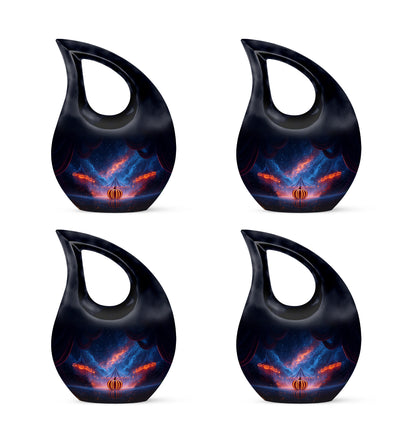Dusty Blue Halloween Cremation Urn lifestyle display on memorial shelf - sacred cross merged with halloween motif on metal - 10 inch aluminum urn for cremated remains