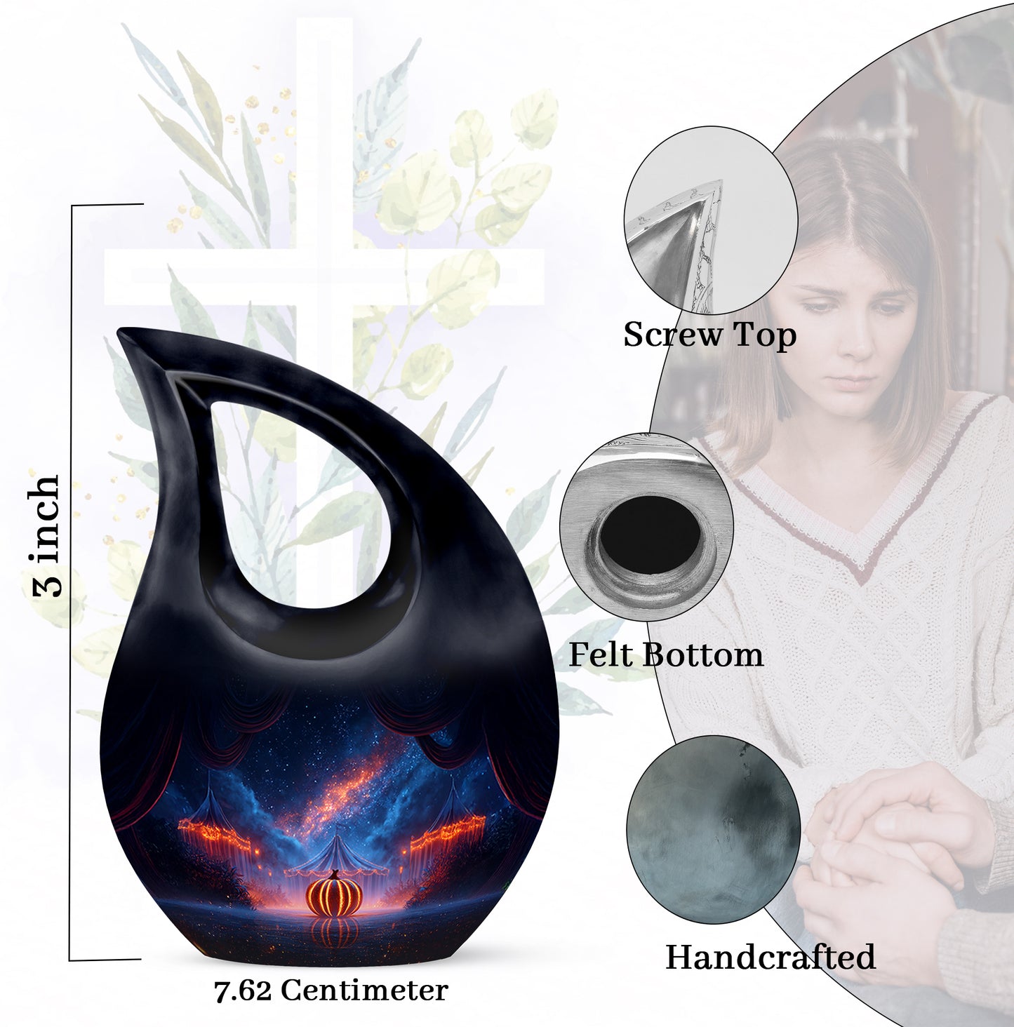 Serene Blue Halloween Cremation Urn back view with polished surface - devotional cross-drop halloween engraving - mini keepsake memorial for portion of cremation ashes