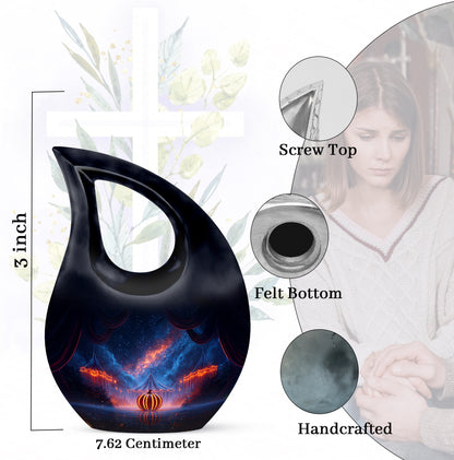 Serene Blue Halloween Cremation Urn back view with polished surface - devotional cross-drop halloween engraving - mini keepsake memorial for portion of cremation ashes
