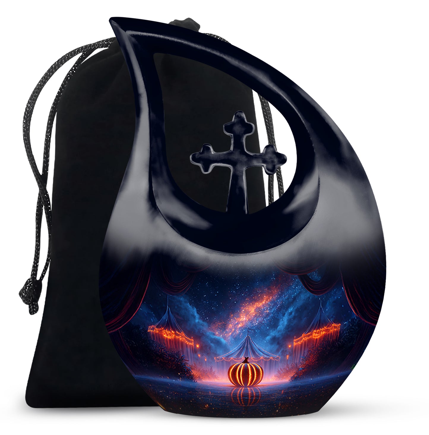 Calming Blue Halloween Cremation Urn top-down view of secure threaded lid - devotional cross-drop halloween engraving - full-size 10 inch 200 cubic inch adult cremation urn